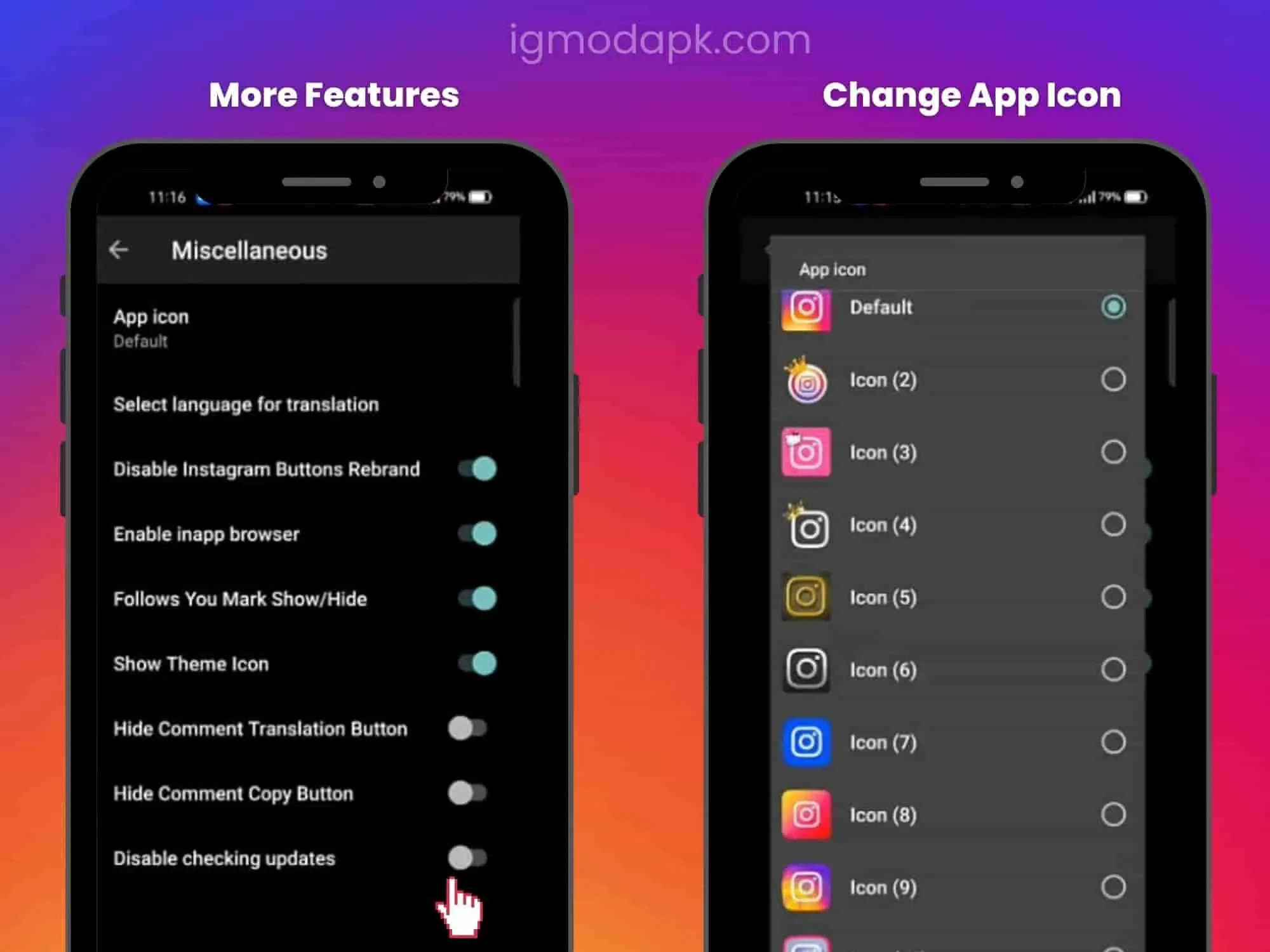 app icone options in insta apk